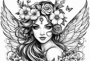 Flying Fairy with flowers tattoo idea