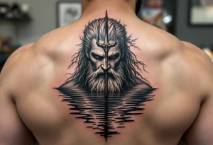 neptune with trident half way in calm water with lightning tattoo idea