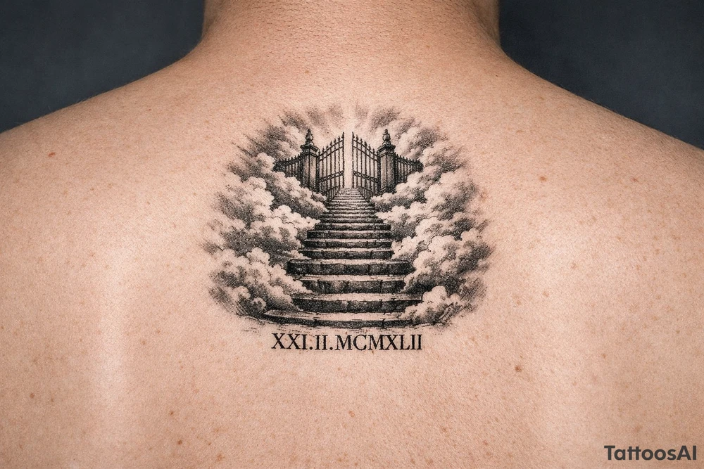 Stairway to heaven, with clouds surrounding the stairs, and the gate being at the top. A date, below the stairs, in Roman numerals 21.02.1942. tattoo idea
