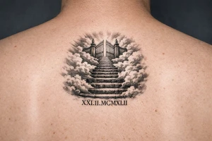 Stairway to heaven, with clouds surrounding the stairs, and the gate being at the top. A date, below the stairs, in Roman numerals 21.02.1942. tattoo idea