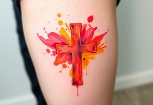 A watercolor-style Maltese cross in splashes of deep red, orange, and yellow, creating a vibrant artistic effect. tattoo idea