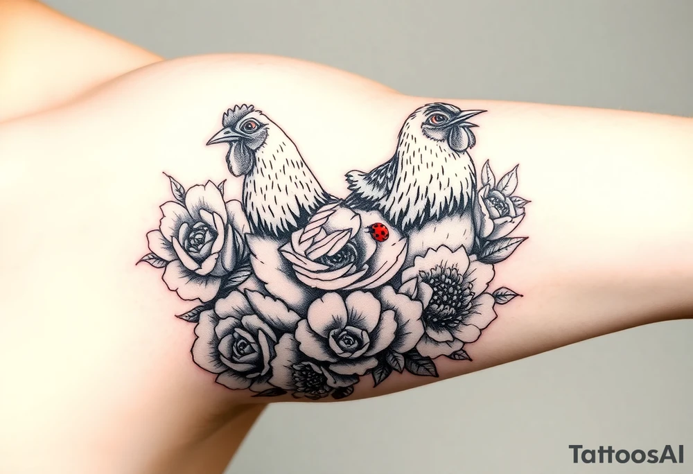 A chicken surrounded by peony , roses and hydrangeas with ladybug on flowers petal with hummingbird tattoo idea