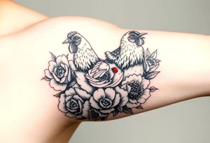 A chicken surrounded by peony , roses and hydrangeas with ladybug on flowers petal with hummingbird tattoo idea