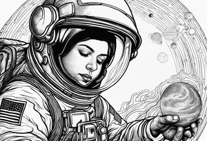 an astronaut hunched over in space from the back holding a planet in his hands tattoo idea