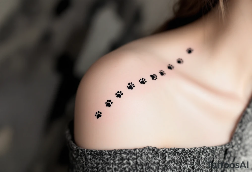 Minimalist Black Ink Paw Prints – A clean trail of small, solid black cat paw prints walking across the collarbone or ankle, representing subtle love and companionship. tattoo idea