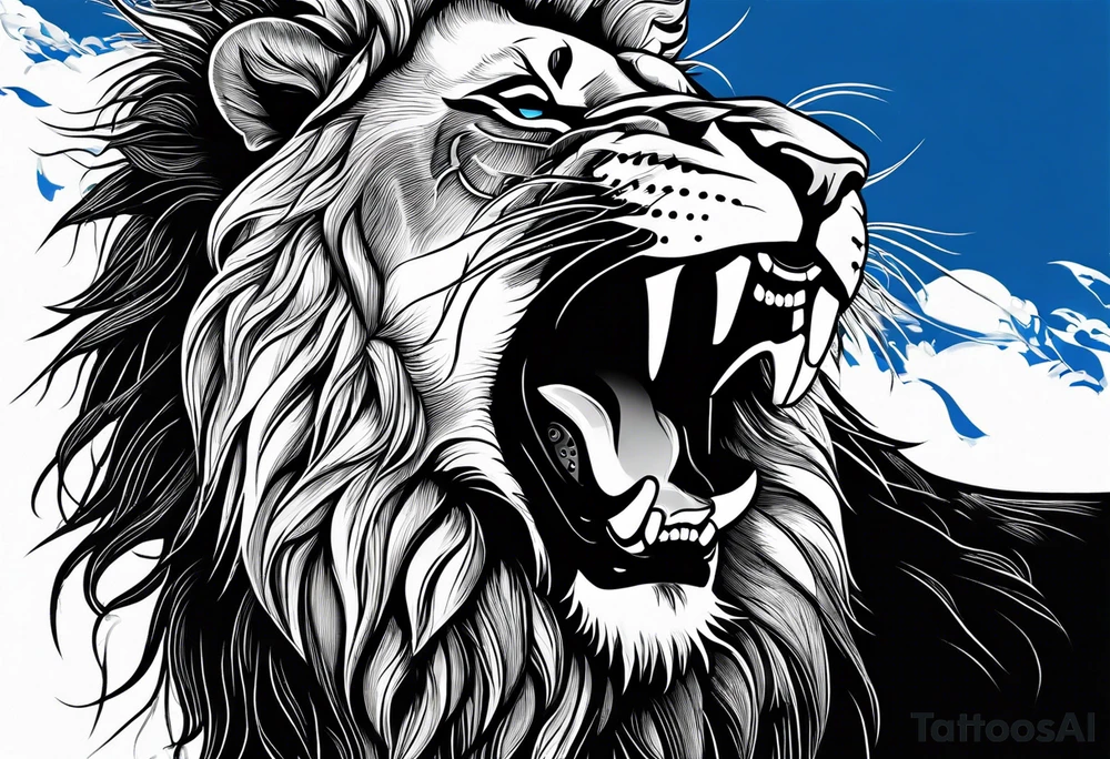 lion with a crown and blue
 eyes and mouth open teeth showing and blood coming out tattoo idea