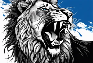 lion with a crown and blue
 eyes and mouth open teeth showing and blood coming out tattoo idea