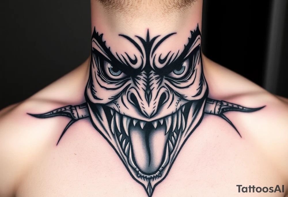 Eyes big and small on my chest for a man terrorizing with his eyes and very large teeth with a lizard tongue tattoo idea