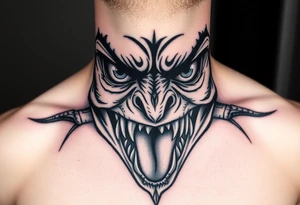 Eyes big and small on my chest for a man terrorizing with his eyes and very large teeth with a lizard tongue tattoo idea