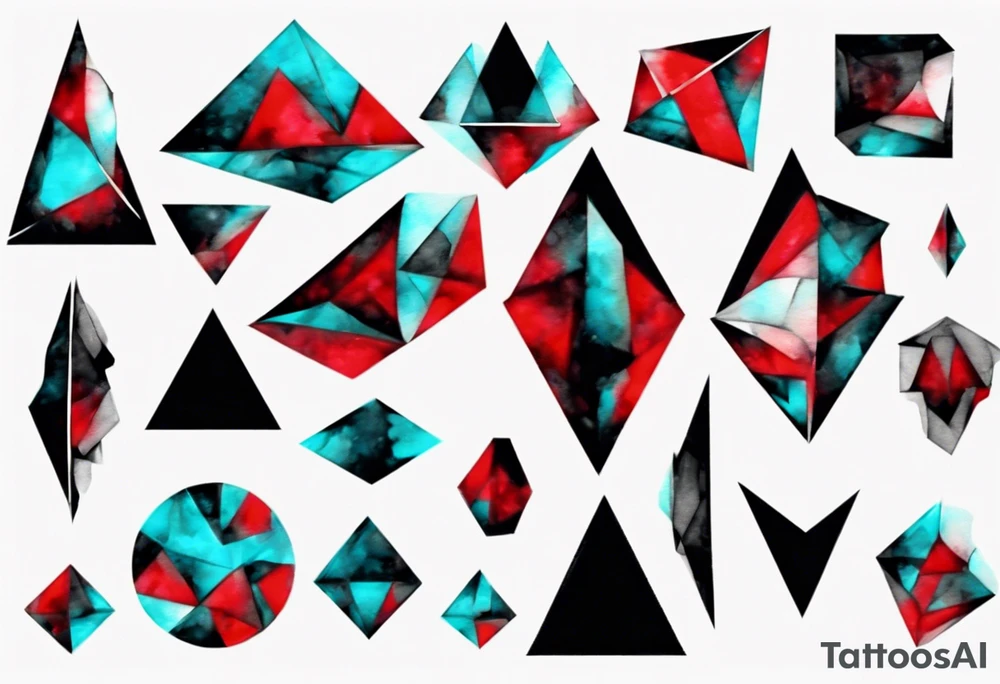 Modern and futuristic, triangular prism light reflection, black, red and cyan, acquarel, abstract, geometric, fractal chaos tattoo idea