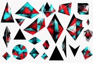 Modern and futuristic, triangular prism light reflection, black, red and cyan, acquarel, abstract, geometric, fractal chaos tattoo idea