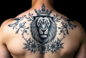 powerful majestic lion with a crown, surrounded by floral ornaments and birds tattoo idea