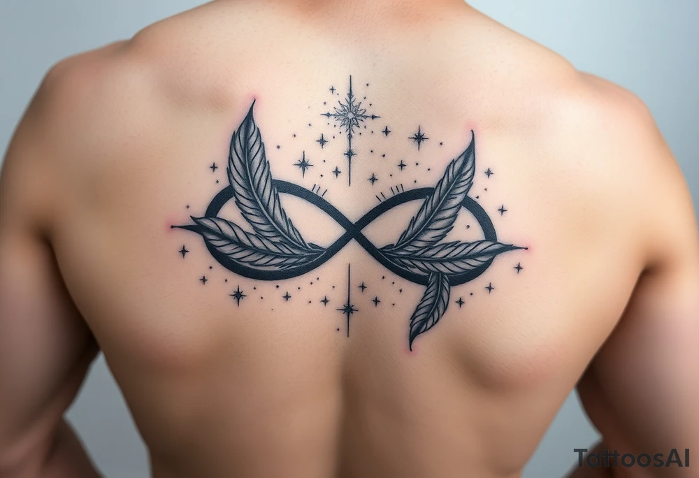 infinity symbol woven with floating feathers and stardust tattoo idea