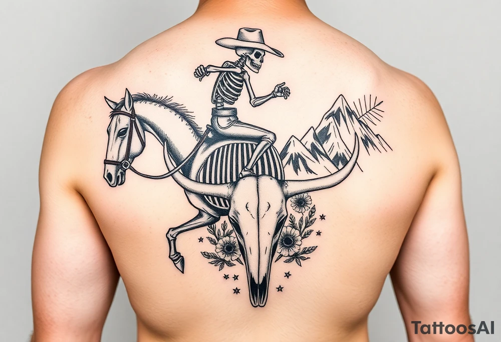 cowboy skeleton riding the horse skeleton on Porter’s bicep, sized to fill most of the outer bicep. The mountain/longhorn skull design can wrap over the shoulder cap so the longhorn skull sits below the mountains, tying into the bicep piece. I’ll blend them with traditional-style filler (stars, dots, and desert plants) so it reads as one cohesive upper-arm half sleeve rather than separate tattoos. tattoo idea