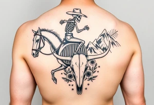 cowboy skeleton riding the horse skeleton on Porter’s bicep, sized to fill most of the outer bicep. The mountain/longhorn skull design can wrap over the shoulder cap so the longhorn skull sits below the mountains, tying into the bicep piece. I’ll blend them with traditional-style filler (stars, dots, and desert plants) so it reads as one cohesive upper-arm half sleeve rather than separate tattoos. tattoo idea