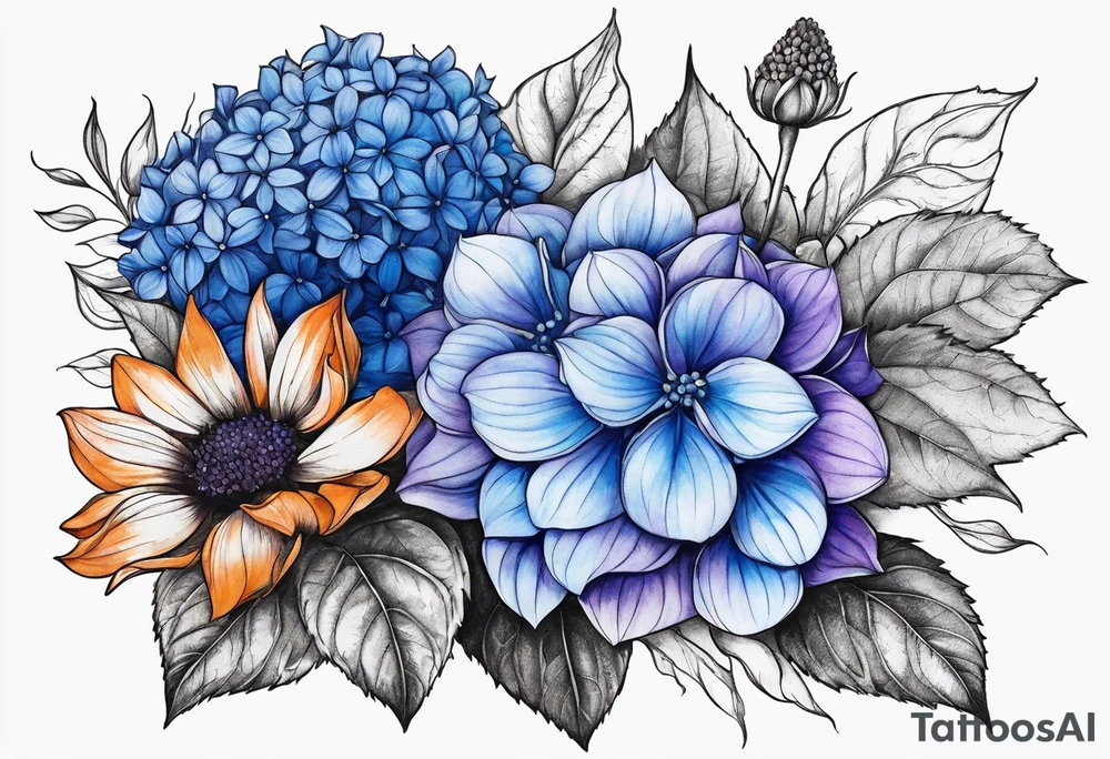 Blue and purple hydrangea flowers with orange sunflowers tattoo idea