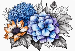 Blue and purple hydrangea flowers with orange sunflowers tattoo idea
