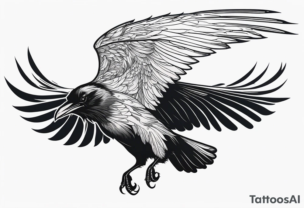 a scary black raven landing on the back of a wolf tattoo idea