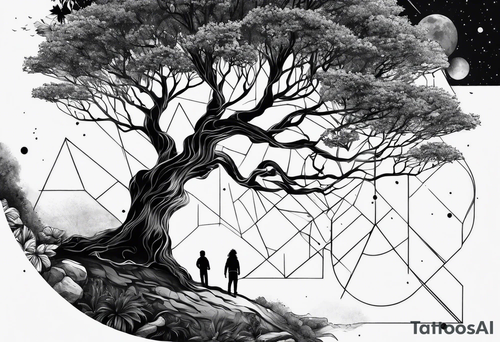 nature vs space with yggdrassil in triangle tattoo idea