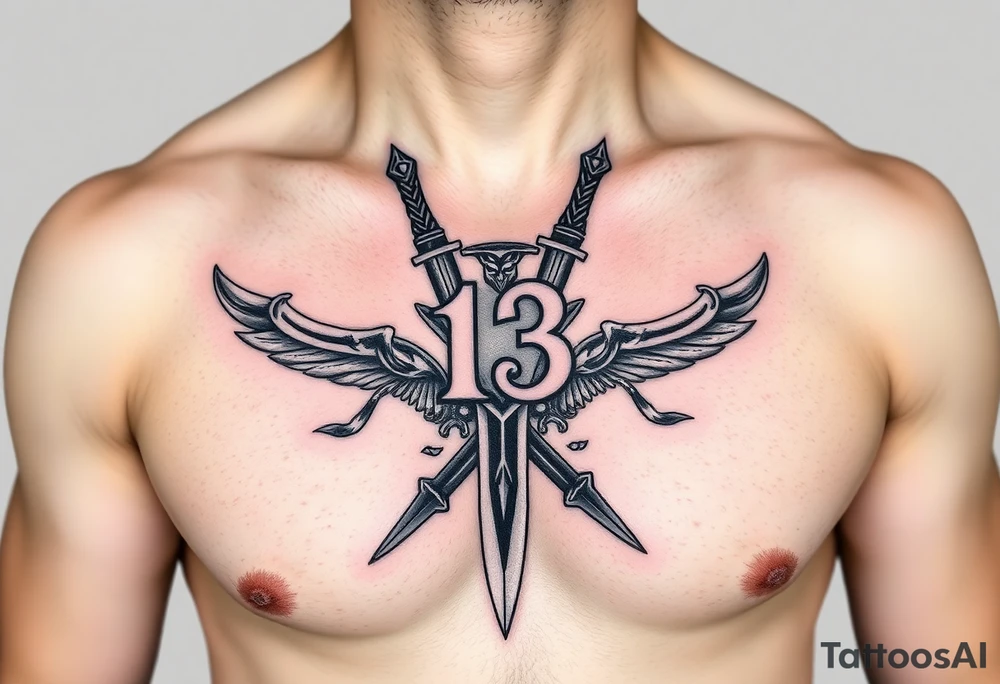 The Number 13, The Toledo Mudhens Baseball Team, And Demonic And Midevel dagger Featurs Made Into A Big Family Crest Tattoo On A Masculine guy that looks bad ass and unique. tattoo idea
