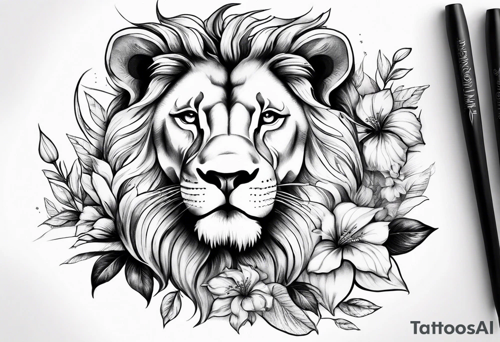 Women lion with hibiscus flowers with moon and sun something inspirational and meaning for the forearm tattoo idea