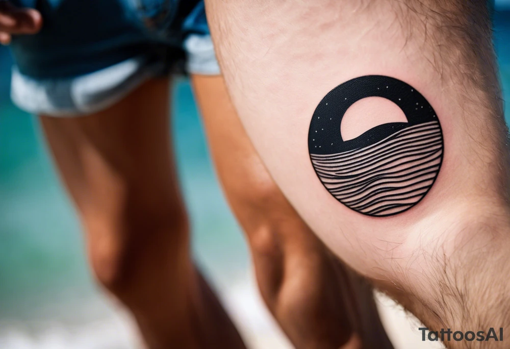 This is an extremely simple and minimalistic tattoo on male forearm. It has no color. The tattoo is flipped 180 degrees and covers the forearm lengthwise and is not tall and not round. From the perspective of being on the ocean, Water is calm, with no waves in sight, the sun is setting behind the ocean, reflecting light onto the ocean. tattoo idea