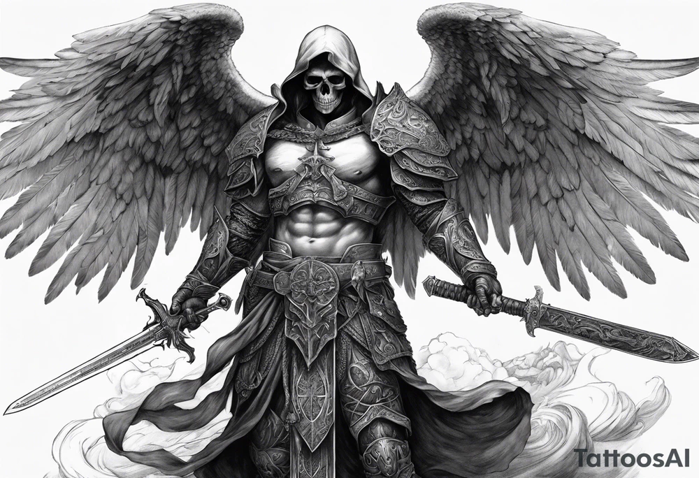 realistic angel of death, full body, without face, holding one sword in both hands, sword pointing downwards, skulls lying on the ground tattoo idea