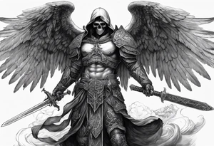 realistic angel of death, full body, without face, holding one sword in both hands, sword pointing downwards, skulls lying on the ground tattoo idea