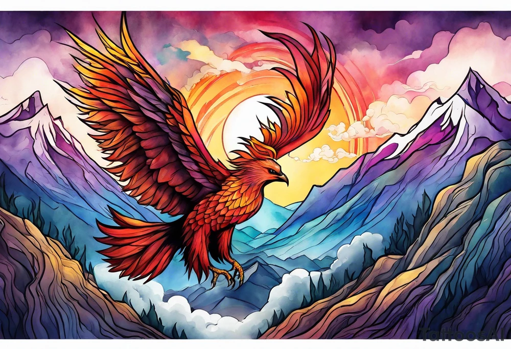 phoenix, resilience, mother, mountains tattoo idea