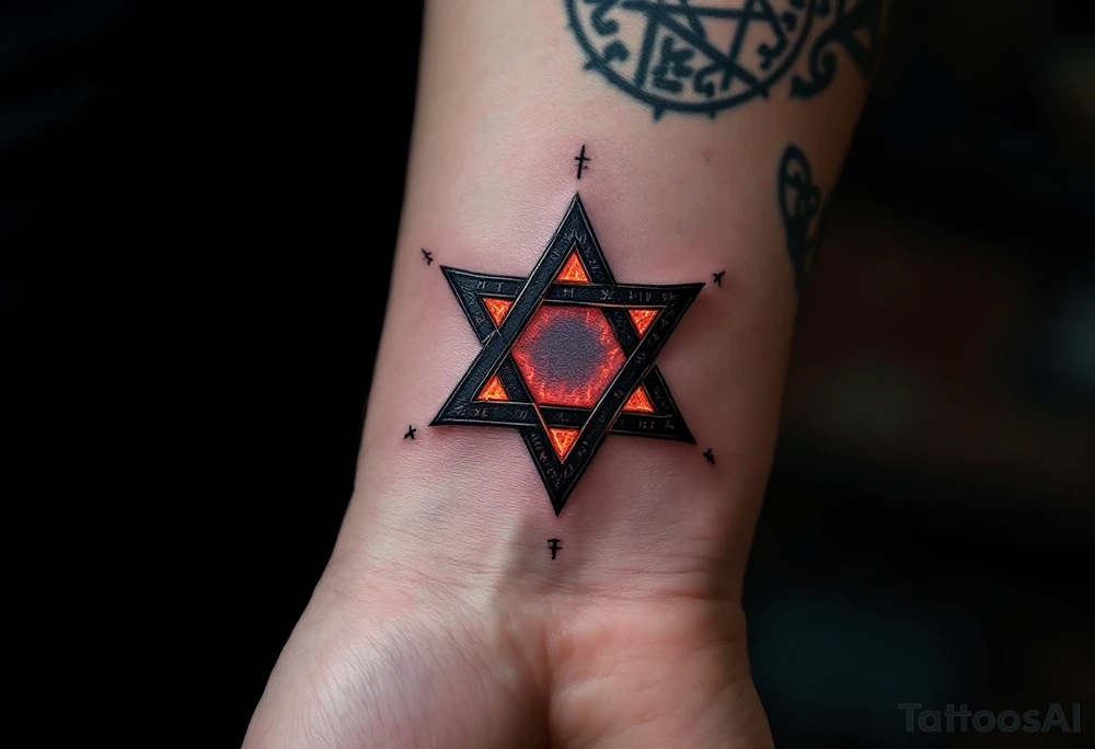 A blackened inverted pentagram - five-pointed star with deep crimson flames, surrounded by ancient runes glowing in dark red. tattoo idea