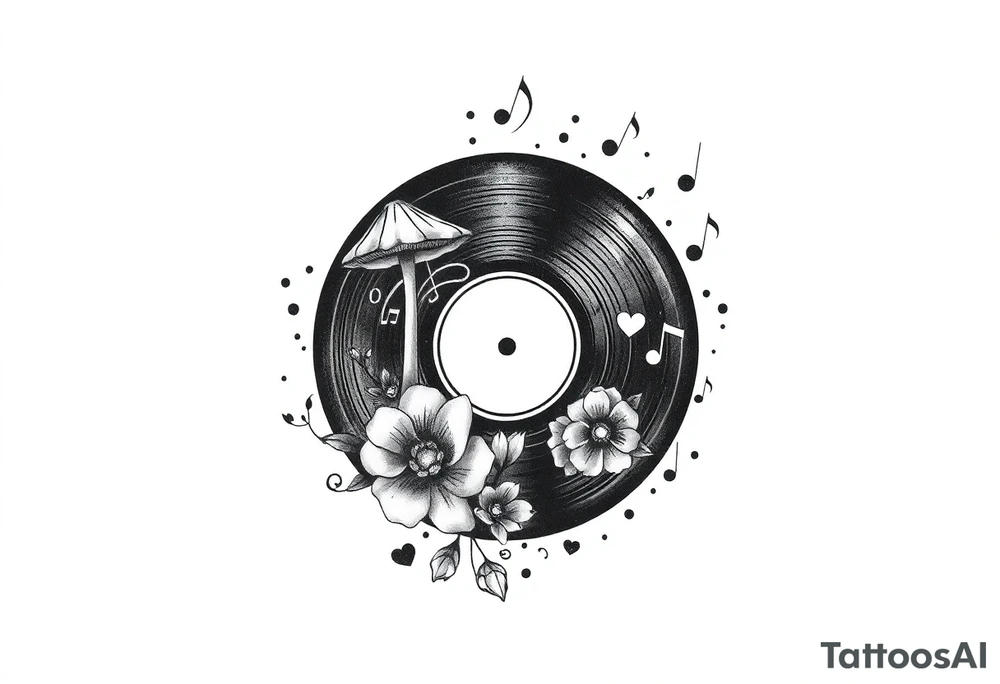 vinyl record with mushrooms, flowers, hearts, and music notes tattoo idea