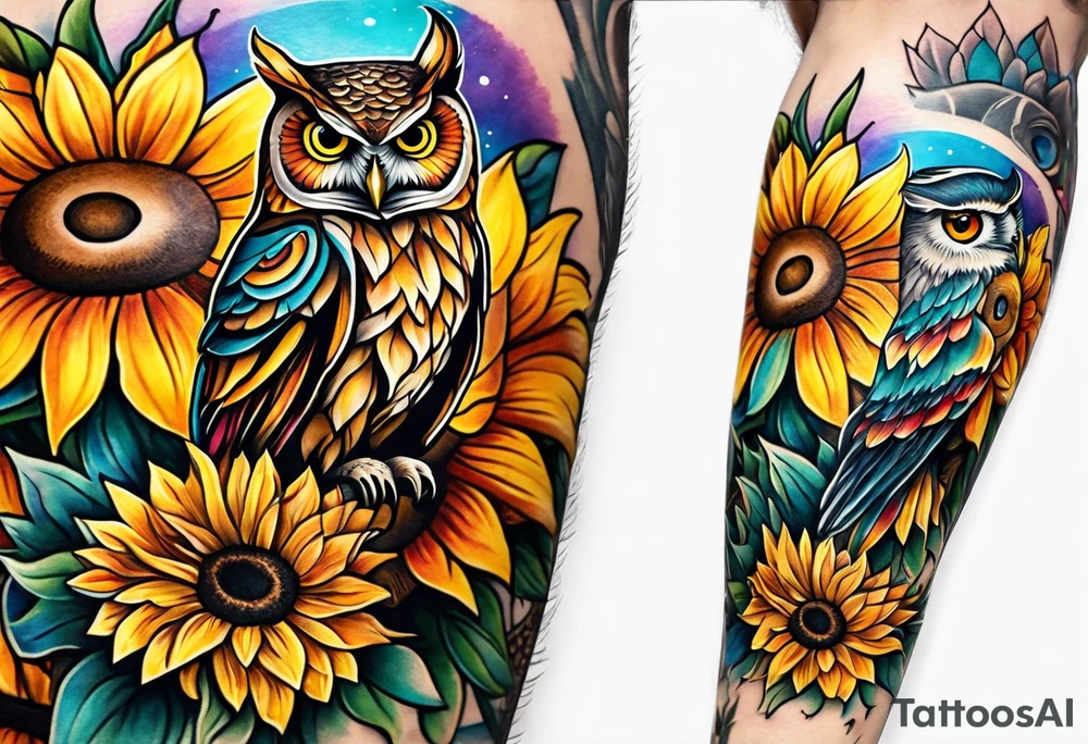Leg sleeve with colorful sunflowers and an owl tattoo idea