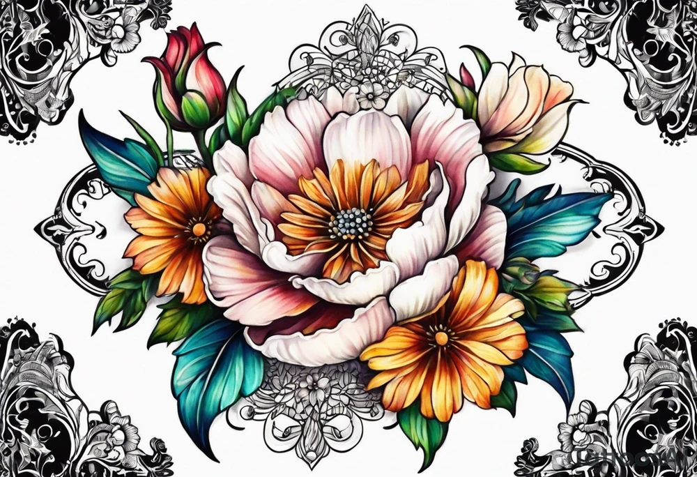 flowers with lace sternum tattoo idea