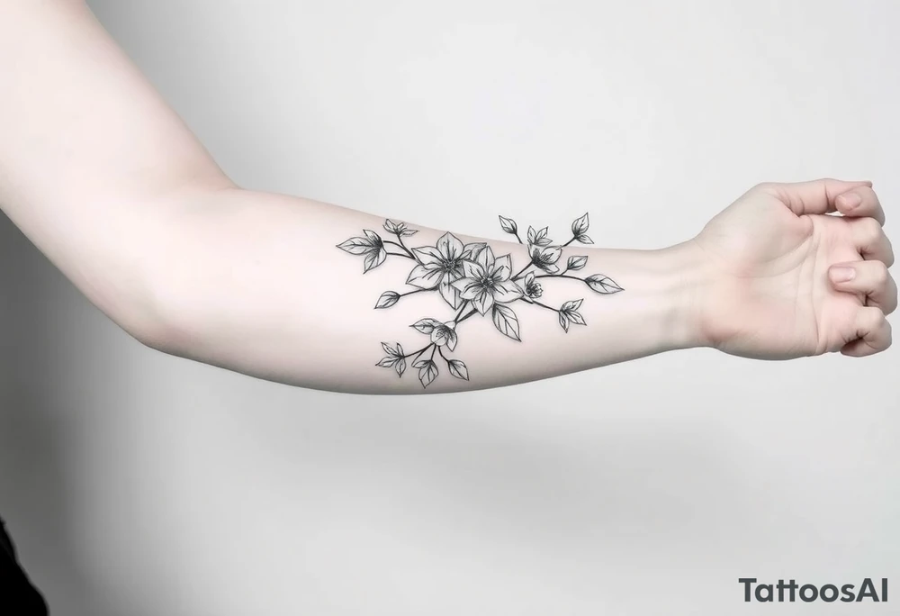 starting from a band mid forearm, sleeve of narcissus flowers and holly flowers going up the arm tattoo idea
