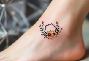 Faint Hexagon with Leo, larkspur and water lilies in the center tattoo idea