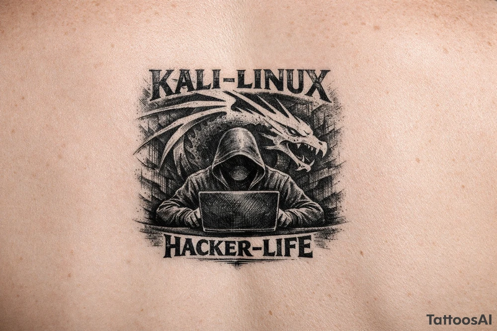 the kali linux dragon in the background of a hacker in black hoodie sitting behind a laptop hacking with the words Kali-Linux accross the top and Hacker-Life accross the bottom and the letters need to be in hacker colors tattoo idea