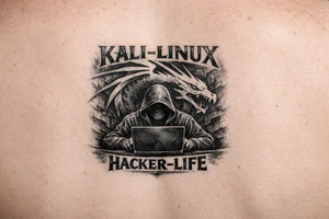 the kali linux dragon in the background of a hacker in black hoodie sitting behind a laptop hacking with the words Kali-Linux accross the top and Hacker-Life accross the bottom and the letters need to be in hacker colors tattoo idea