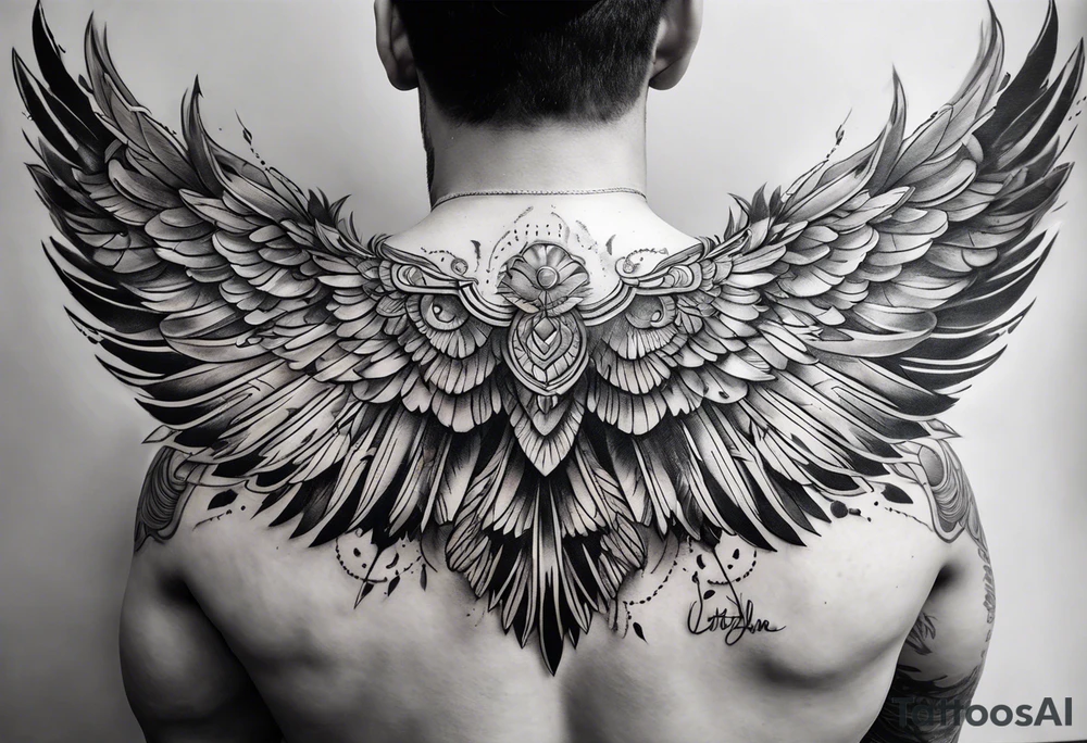 wings extending from a mens shoulders, covering the upper arms and upper back. The feathers are intricately detailed, with soft shading in black and gray to create depth and texture. tattoo idea