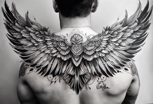 wings extending from a mens shoulders, covering the upper arms and upper back. The feathers are intricately detailed, with soft shading in black and gray to create depth and texture. tattoo idea