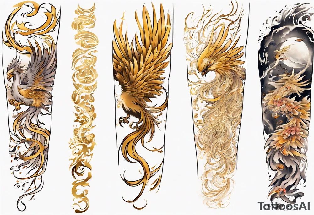 Sleeve tattoo on a woman's arm. Gold Phoenix tattoo idea