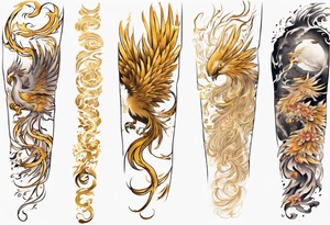 Sleeve tattoo on a woman's arm. Gold Phoenix tattoo idea