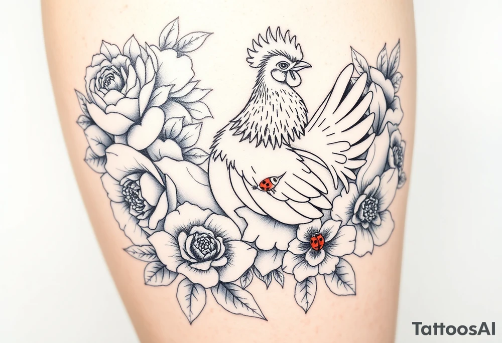 A chicken surrounded by peony , roses and hydrangeas with ladybug on flowers petal with hummingbird tattoo idea