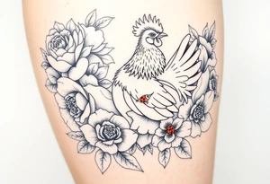 A chicken surrounded by peony , roses and hydrangeas with ladybug on flowers petal with hummingbird tattoo idea