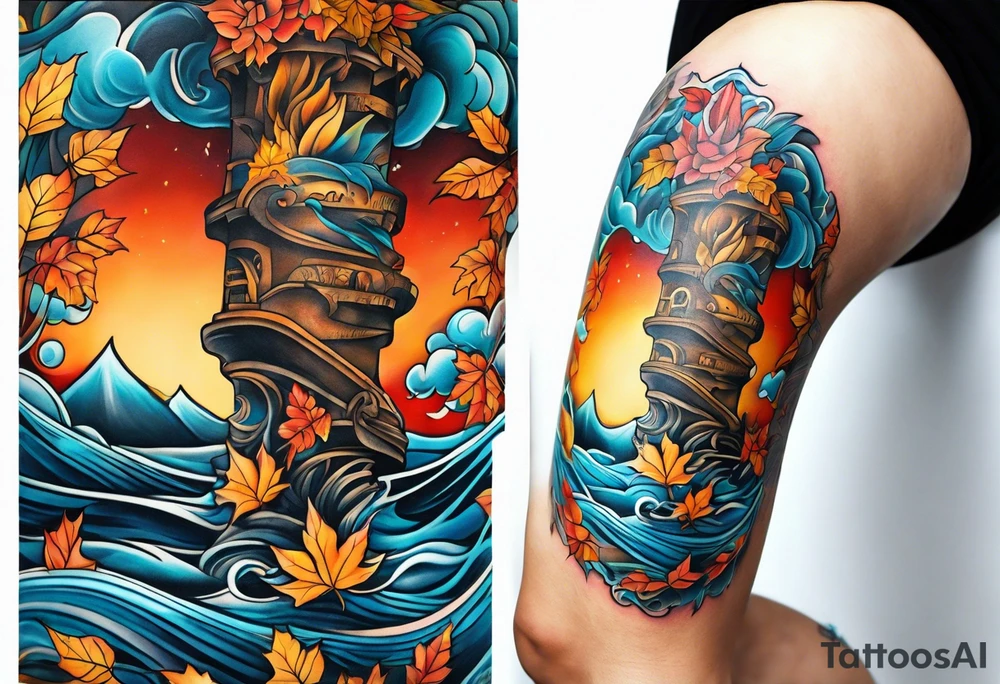 knee tattoo in fall colors with bluw water flow tattoo idea