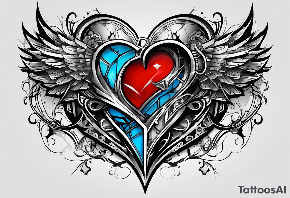 create a tattoo for men chest, the tattoo would be a big broken heart with red and blue colors, and around the heart, would be blue and red tribal shapes tattoo idea