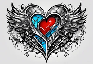 create a tattoo for men chest, the tattoo would be a big broken heart with red and blue colors, and around the heart, would be blue and red tribal shapes tattoo idea