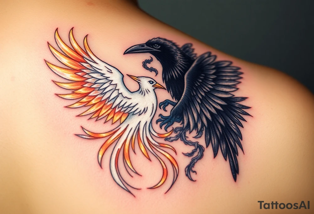 A majestic white phoenix, with glowing feathers in shades of gold and silver, symbolizing light and resurrection, opposite a dark crow, surrounded by smoky tendrils and shadowy wings, dripping with darkness and doom. tattoo idea