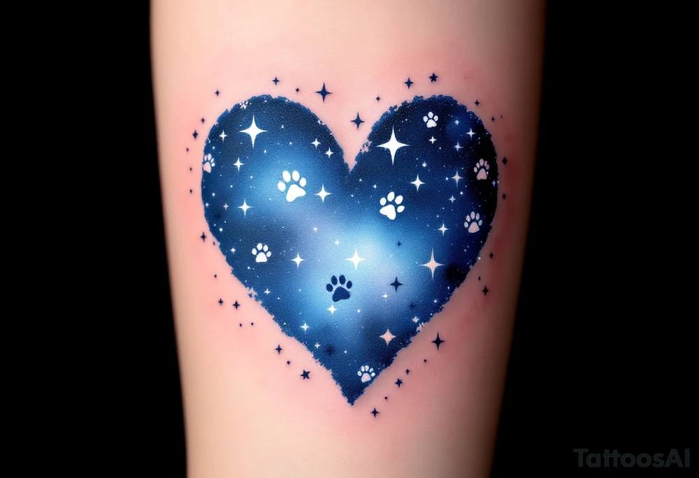 A heart made from overlapping paw prints, with a gradient effect turning from dark blue to light blue, as if the heart is made from a night sky. Small stars are dotted within the heart, and the surrounding area is shaded with soft black to give a dreamy, celestial feel.  Dark Blue, Light Blue, White (for stars), Black (for shading). tattoo idea