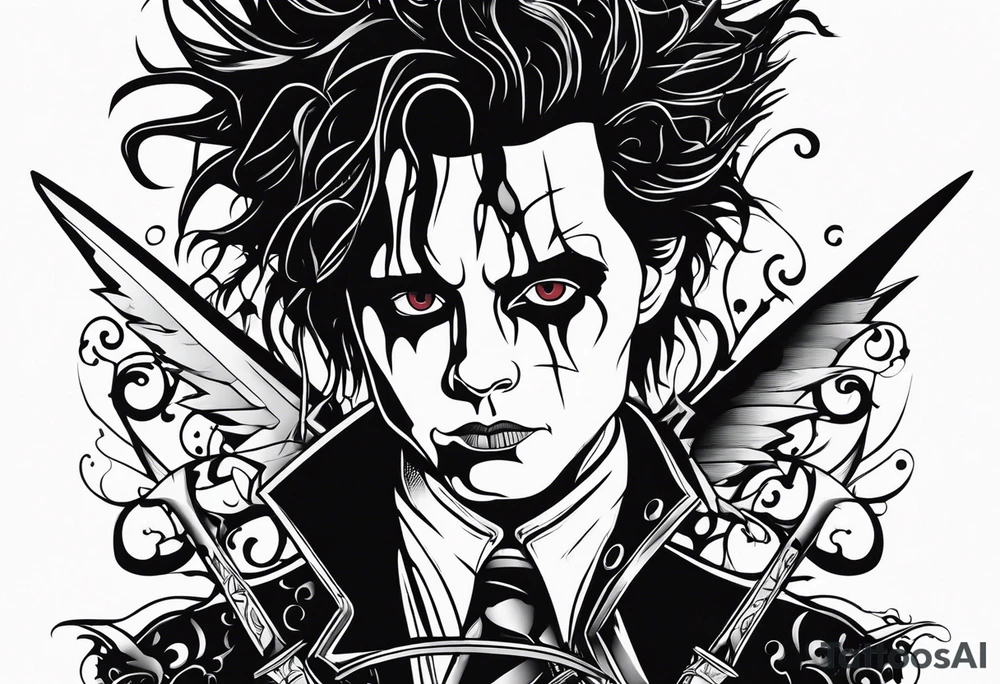 Edward Scissorhands no background, full body looking sad tattoo idea