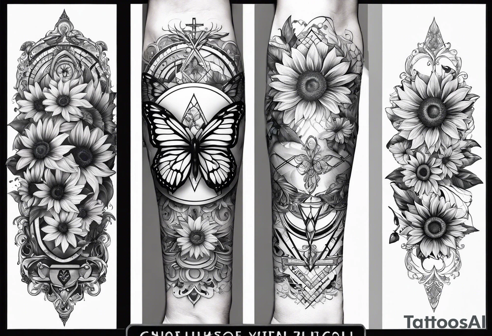 Arm sleeve with Winged cross with sunflower and butterflies tattoo idea